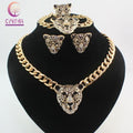 Cool Black Enamel Leopard Head Crystal Necklace Set For Women/Men Trendy Gold color Costume African Jewelry Sets