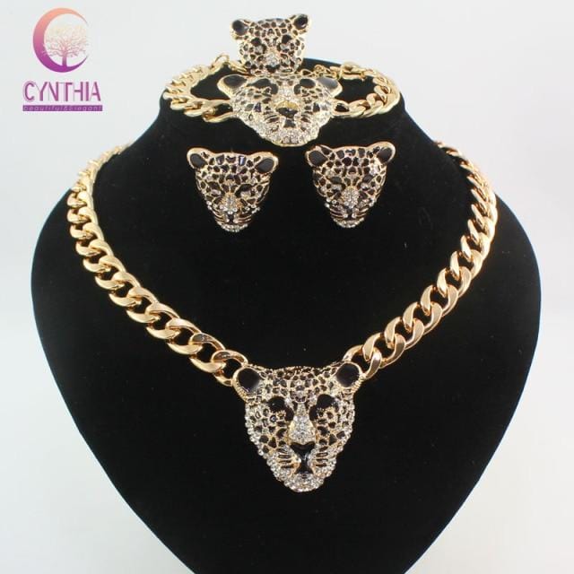 Cool Black Enamel Leopard Head Crystal Necklace Set For Women/Men Trendy Gold color Costume African Jewelry Sets