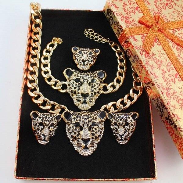 Cool Black Enamel Leopard Head Crystal Necklace Set For Women/Men Trendy Gold color Costume African Jewelry Sets