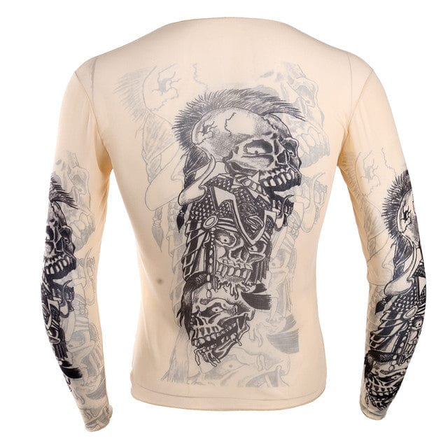 TiaoBug Soft O-Neck See Through Long Sleeve Fake Tattoo Design Elastic Sexy Men T-Shirt Male Fancy Party Costume