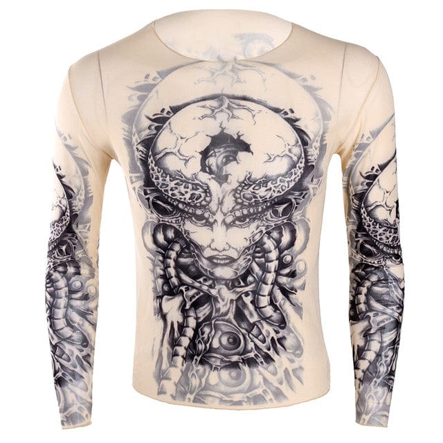 TiaoBug Soft O-Neck See Through Long Sleeve Fake Tattoo Design Elastic Sexy Men T-Shirt Male Fancy Party Costume