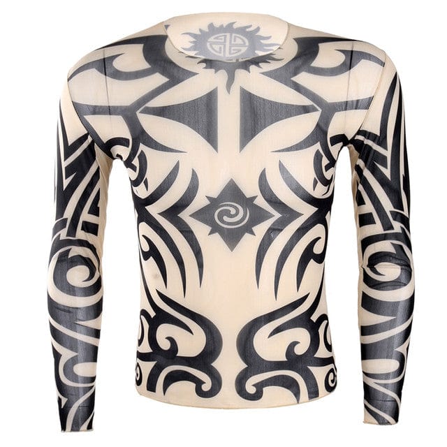 TiaoBug Soft O-Neck See Through Long Sleeve Fake Tattoo Design Elastic Sexy Men T-Shirt Male Fancy Party Costume