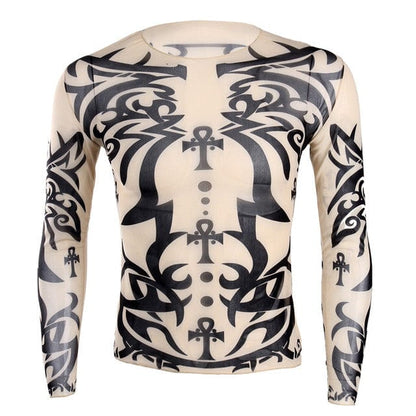 TiaoBug Soft O-Neck See Through Long Sleeve Fake Tattoo Design Elastic Sexy Men T-Shirt Male Fancy Party Costume