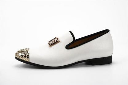 2019 New White Color Men Leather Shoes Men's Loafers with Gold Toe and Metal Party Wedding Men Dress Shoes