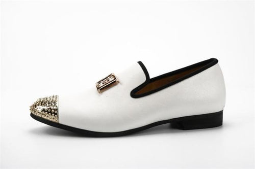2019 New White Color Men Leather Shoes Men's Loafers with Gold Toe and Metal Party Wedding Men Dress Shoes